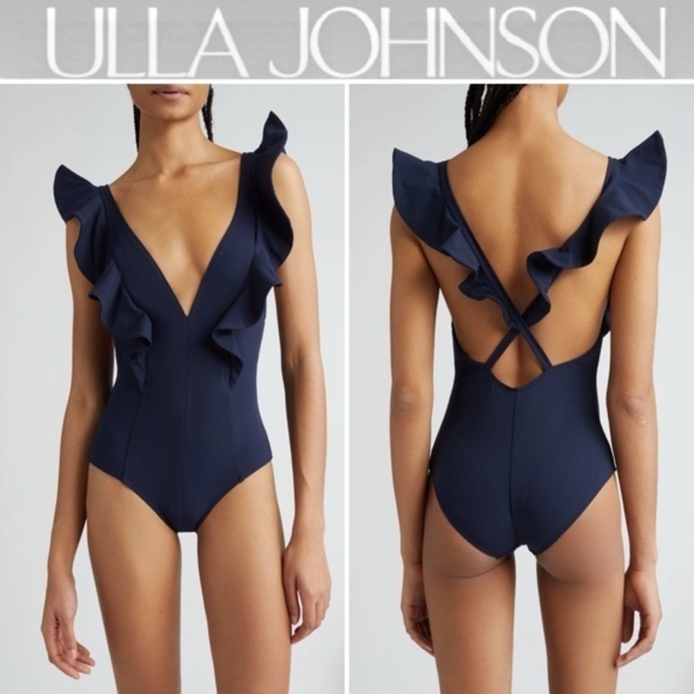 Ulla Johnson Evelina Ruffle Plunge One-Piece Swimsuit in Navy sz L NWT 380$